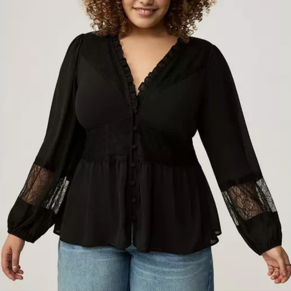 Torrid Deep Black Peplum Lace Mix Long Sleeve Blouse Size 1X